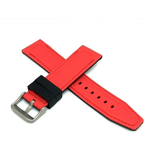Men's Watch Band Replacement Black Red Rubber Strap 22mm Lug Silver Buck… - Picture 2 of 6